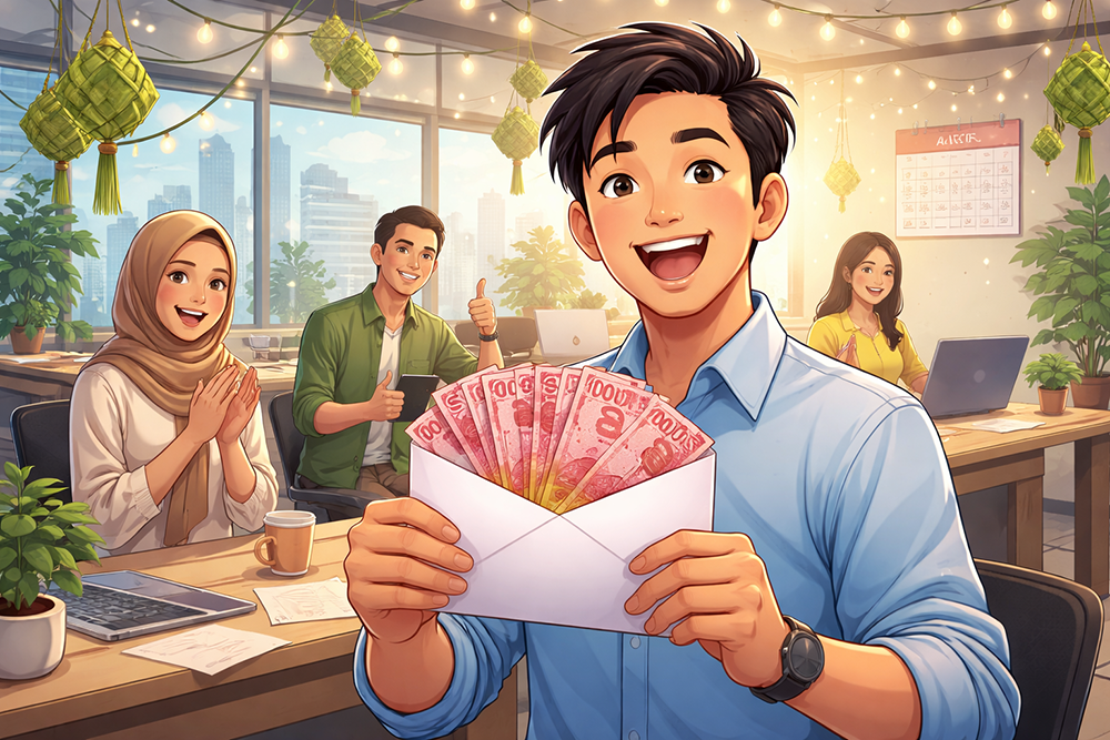 Ilustrasi karyawan semringah usai menerima THR Idul Fitri.