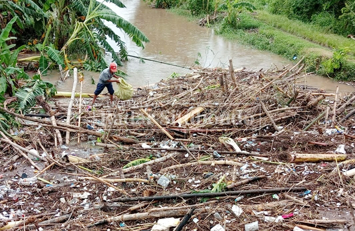 MASALAH TAHUNAN: Sampah, ranting kayu dan sejenisnya menumpuk di bawah jembatan di Kecamatan Kendit, Situbondo, sehingga menyebabkan air meluap dan masuk ke lahan pertanian milik warga, Minggu (8/3).