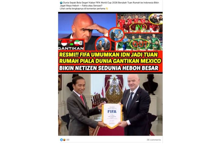 Hoaks FIFA umumkan Indonesia gantikan Meksiko sebagai tuan rumah Piala Dunia 2026.