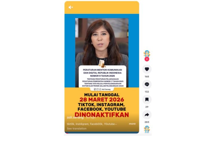 Unggahan yang menarasikan Komdigi nonaktifkan Facebook, Instagram, TikTok, YouTube pada 28 Maret.