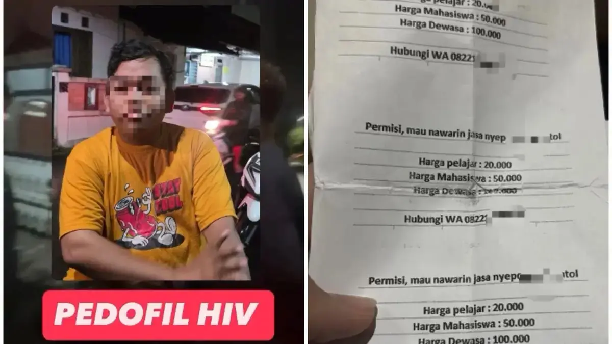 Kolase foto pelaku dan kertas selebaran jasa tindakan asusila di Ciputat, Tangerang Selatan. (Istimewa/JawaPos.com)