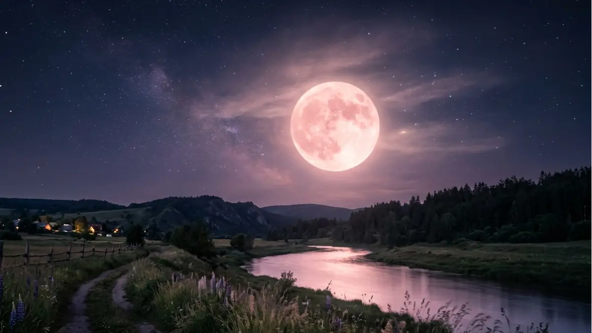 Ilustrasi fenomena pink moon. (AI)