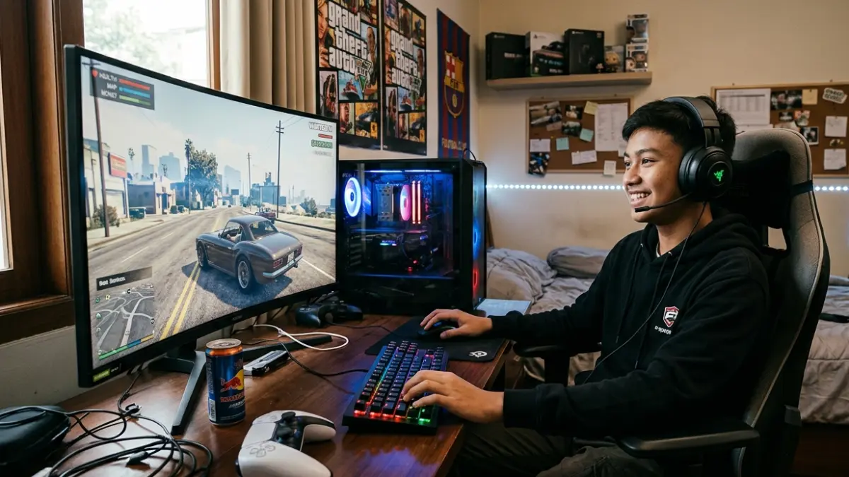 Ilustrasi bermain game online di PC. (AI)
