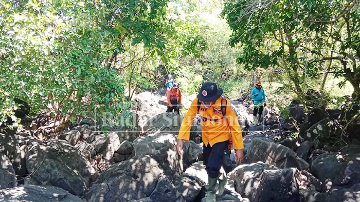CARI ORANG HILANG: Anggota BPBD Situbondo, mencari Suwardi, 68, warga Desa Sumberwaru, Kecamatan Banyuputih, di Kawasan Hutan Baluran, Kamis (9/4). (HUMAIDI/JPRS)
