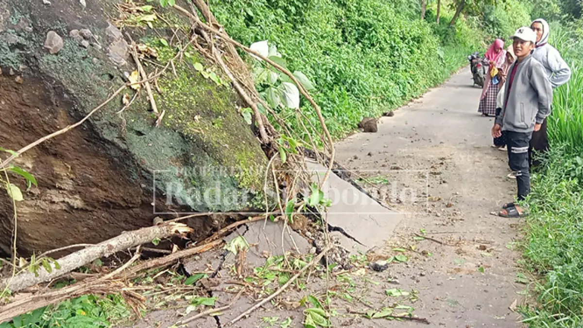 BENCANA ALAM: Anggota BPBD meninjau lokasi longsor di Dusun Telagasari, Desa Curah Tatal, Kecamatan Arjasa, Selasa (14/4). (HUMAIDI/JPRS)
