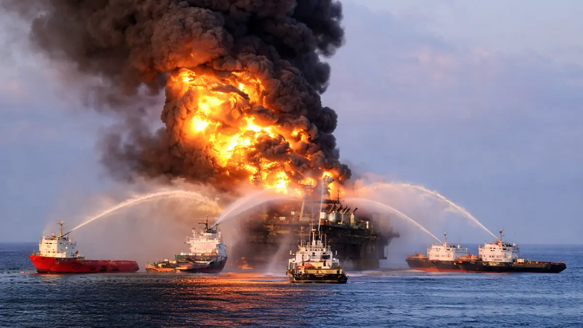 Anjungan pengeboran Deepwater Horizon setelah ledakan awal pada 20 April 2010. (FOTO Remake: Radar Situbondo)