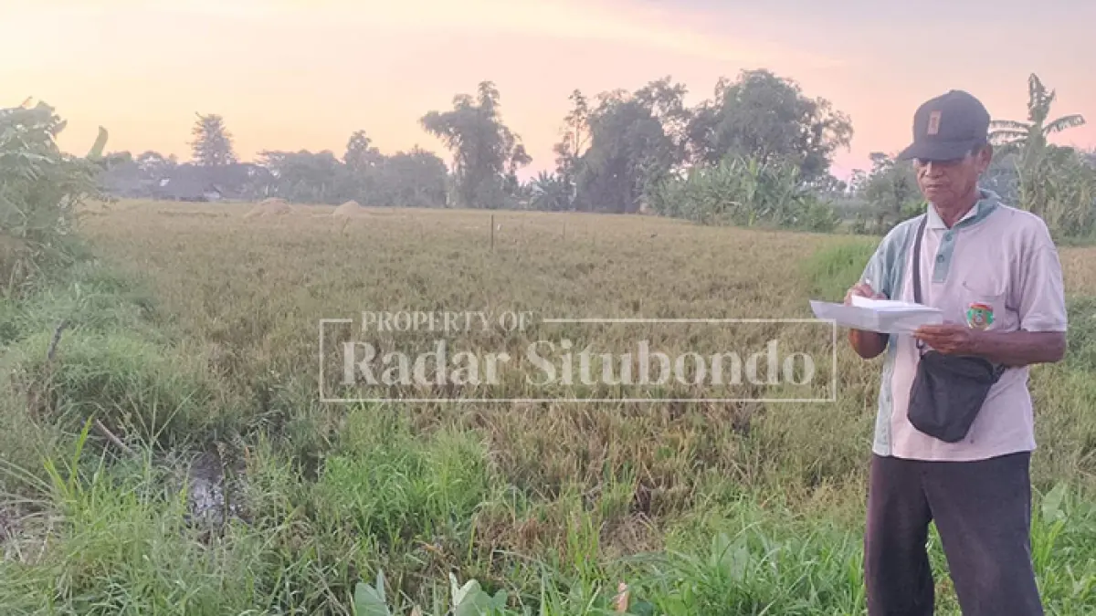 PEMILIK LAHAN: Diono, 54, warga Desa Jetis, Kecamatan Besuki, berdiri di pinggir lahan yang terkena pembebasan lahan tol Prosiwangi, Minggu (26/4). (HUMAIDI/JPRS)
