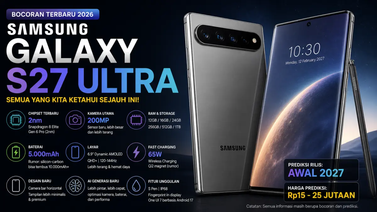 Ilustrasi konsep Samsung Galaxy S27 Ultra dengan desain futuristik dan kamera horizontal. Menampilkan bocoran spesifikasi seperti kamera 200MP, chipset 2nm, dan baterai besar, sebagai gambaran prediksi flagship Samsung yang diperkirakan rilis pada 2027. (FOTO: Radar Situbondo)