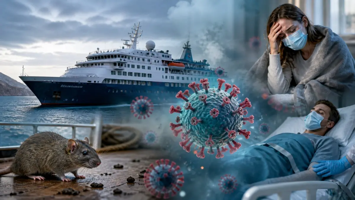 Wabah hantavirus di kapal pesiar MV Hondius yang menunjukkan situasi darurat kesehatan di laut, dengan pasien sakit, virus mikroskopis, dan penanganan medis di tengah krisis. (FOTO: Ilustrasi/ Radar Situbondo)
