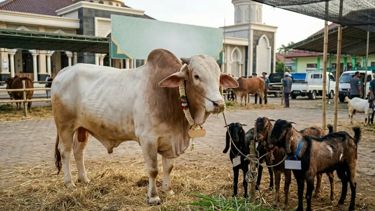 Ilustrasi sapi dan kambing kurban. (AI)