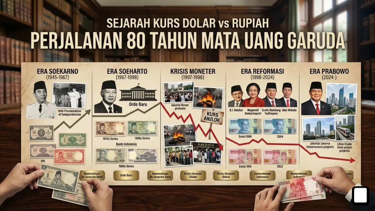 Sejarah nilai rupiah dan dolar dari era Presiden Pertama hingga terkini di RI. (FOTO: Ilustrasi by Gemini)