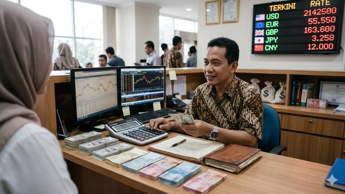 Cek kurs hari ini, nilai tukar aneka mata uang asing terhadap rupiah. (FOTO: Ilustrasi/ Radar Situbondo by Gemini)