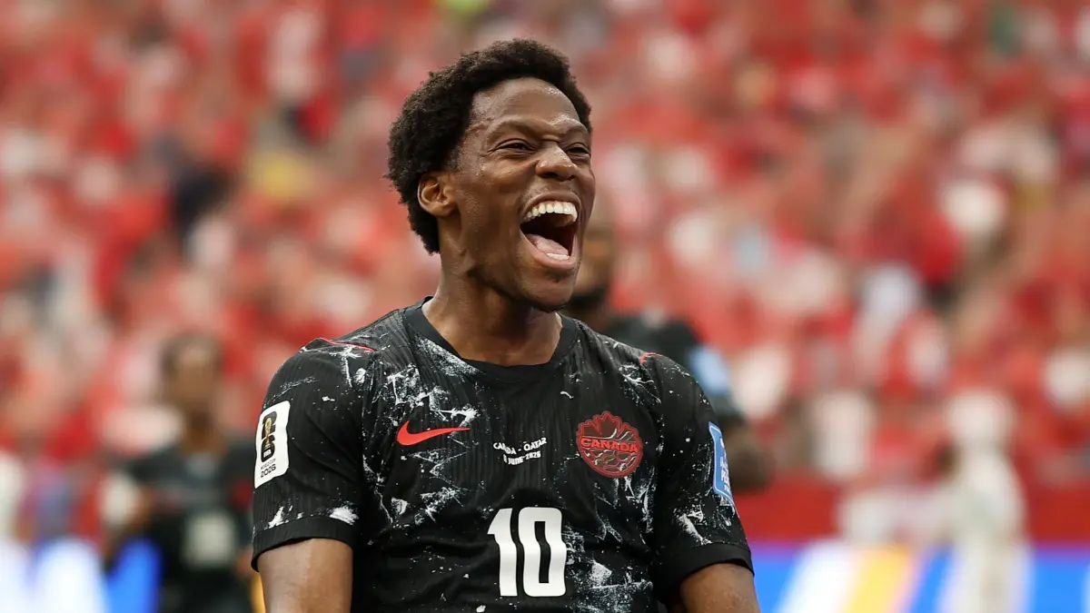 Selebrasi Jonathan David usai mencetak gol ke gawang Qatar di Piala Dunia 2026. (Instagram/fifa)
