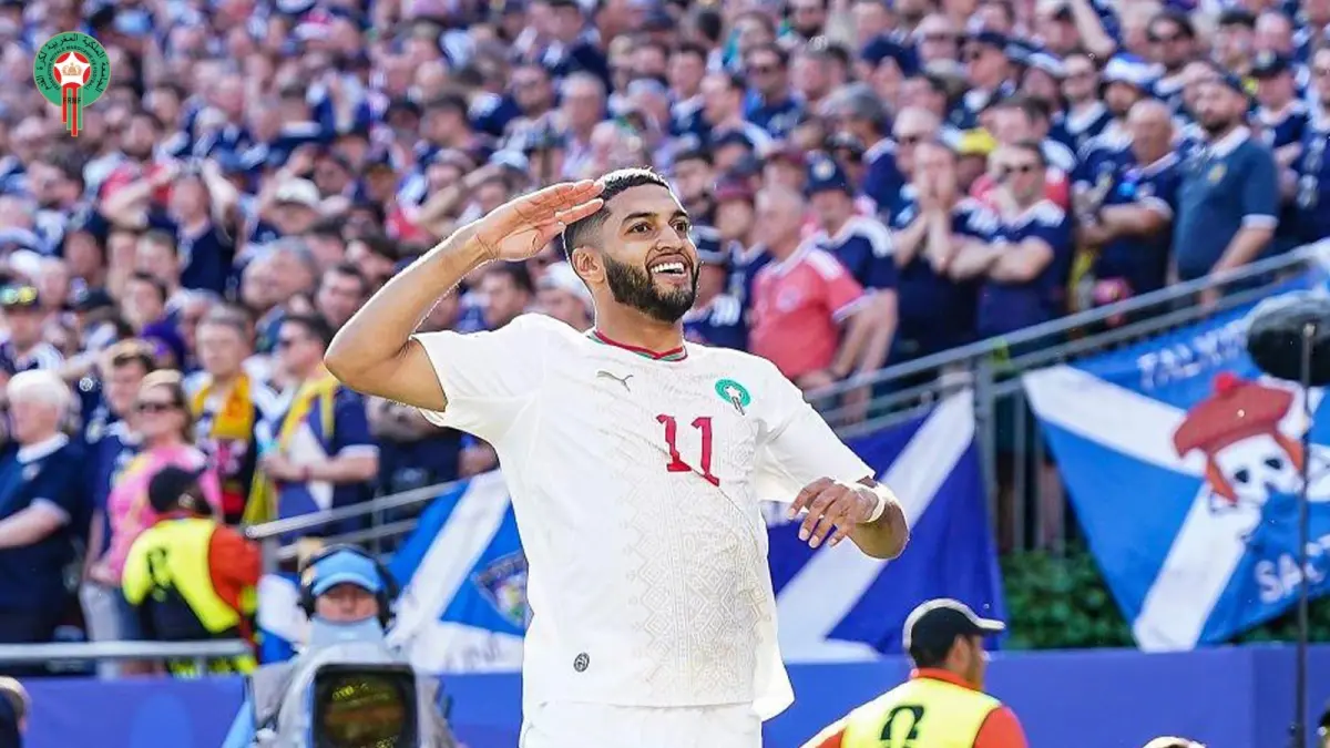 Selebrasi Ismael Saibari usai mencetak gol ke gawang Skotlandia di Piala Dunia 2026. (Instagram/equipedumaroc)
