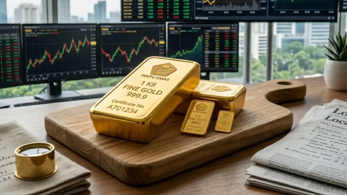 Ilustrasi emas Antam murni pecahan batangan dengan sertifikat resmi Fine Gold 999.9. Simak rincian grafik pergerakan harga emas hari ini selengkapnya dalam artikel. (FOTO: Ilustrasi/ Jawa Pos Radar Situbondo)