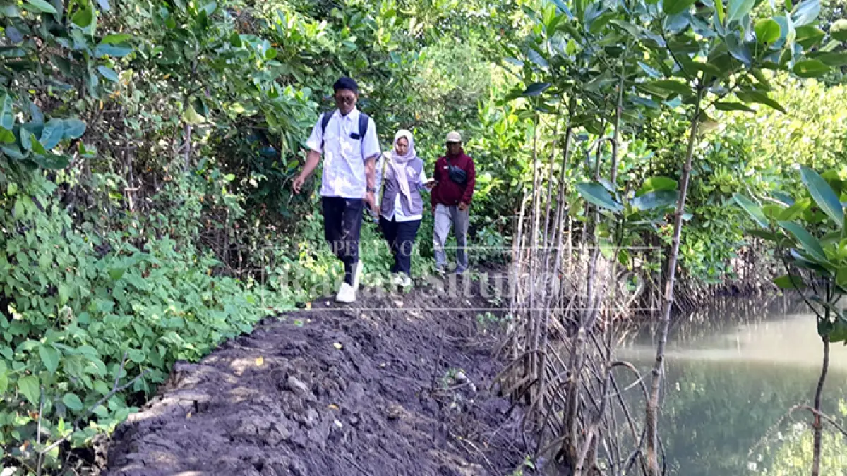 RESPON KELUHAN: Dinas Lingkungan Hidup (DLH) meninjau tambak tradisional yang terdampak pembuangan limbah PT Bumi Subur, di Desa Peleyan Barat, Kecamatan Panarukan, Rabu (24/6). (HUMAIDI/JPRS)
