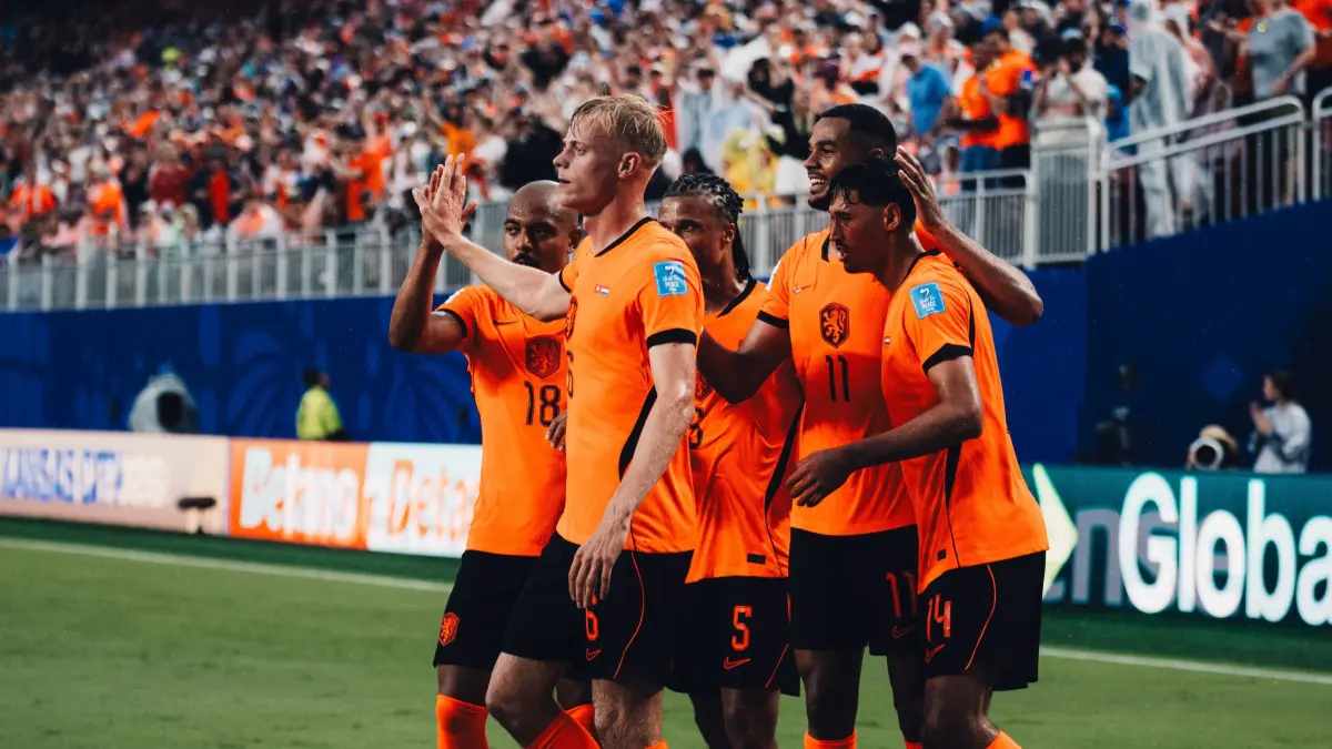 Selebrasi pemain Belanda usai mencetak gol ke gawang Tunisia di Piala Dunia 2026. (Instagram/oranje)
