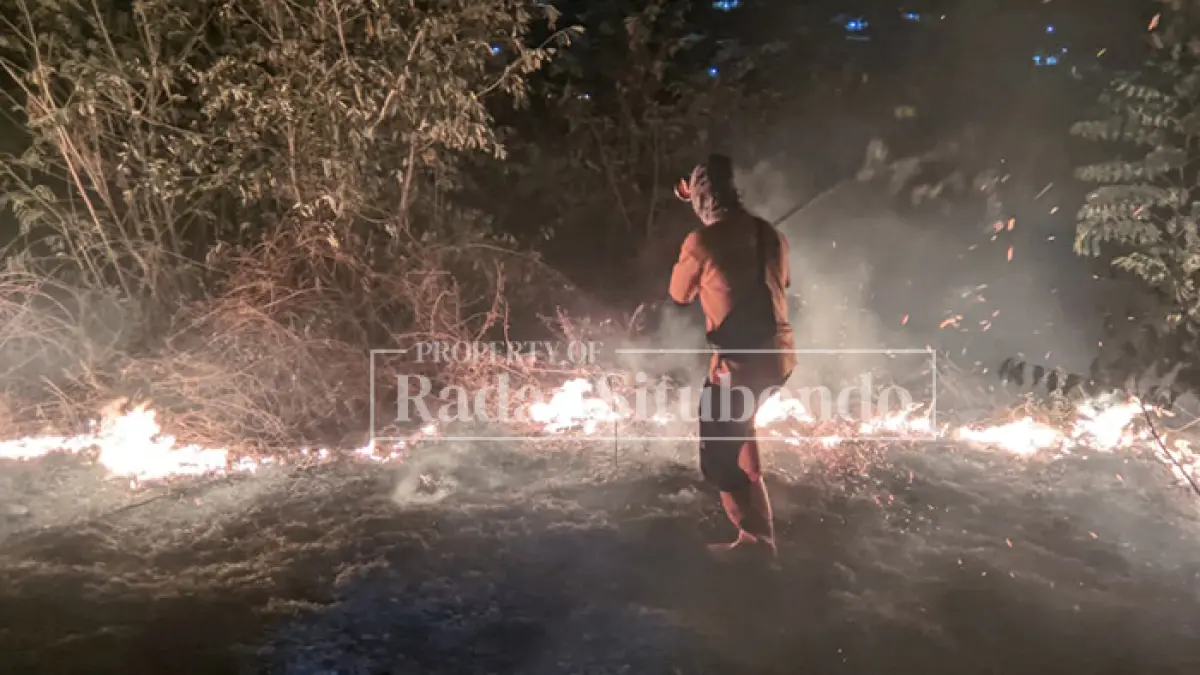 DAMPAK MUSIM KEMARAU: Kebakaran lahan ilalang di belakang Perumahan Bukit Raya, Kelurahan Mimbaan, Kecamatan Panji, Selasa (7/7) malam. (Ahmad Rifa