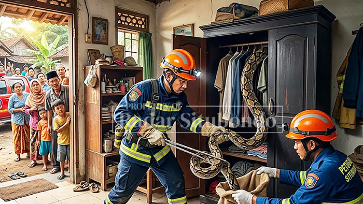 DIBUAT GEGER: Petugas Pemadam Kebakaran (Damkar) mengevakuasi seekor ular sanca yang tiba-tiba masuk ke dalam rumah warga di Desa Jangkar, Kecamatan Jangkar, Situbondo, Rabu (5/8). (ilustrasi/erfan efendi/ai/jprs)
