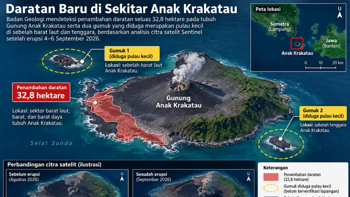 Ilustrasi gambaran daratan baru di sekitar Gunung Anak Krakatau. (Radar Situbondo)