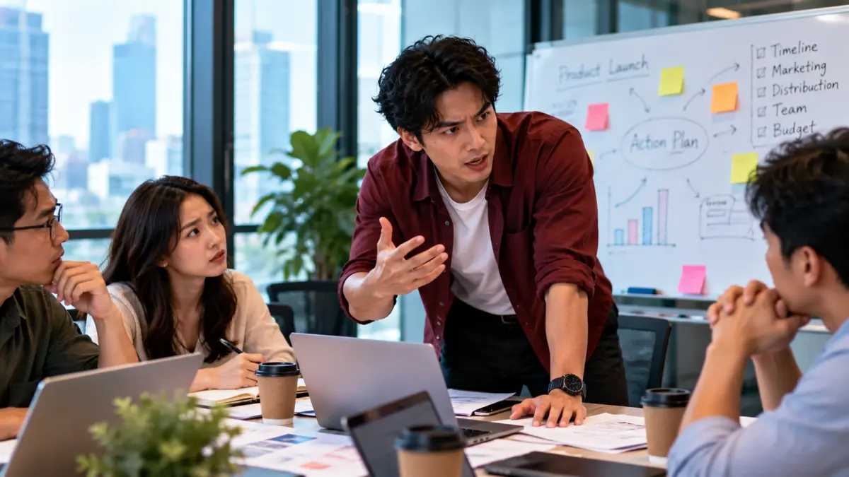 Ilustrasi zodiak Aries yang tegas saat mendorong tim mengambil keputusan cepat dalam rapat kantor.
