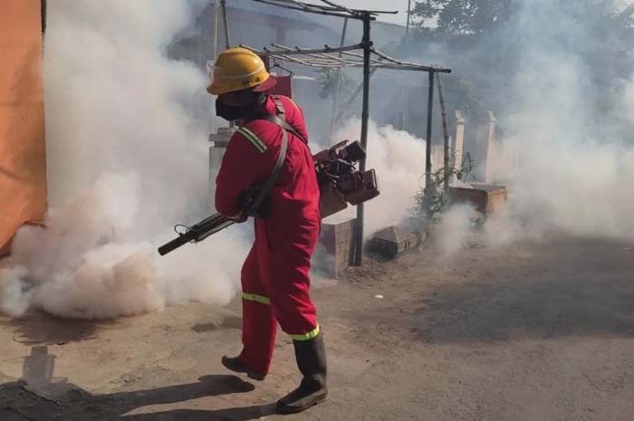 PENCEGAHAB: Petugas melakukan fogging untuk mencegah wabah penyakit DBD di Jombang, beberapa waktu lalu.