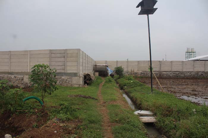 DISEROBOT: Jalan usaha tani (JUT) di Desa Betek, Kecamatan Mojoagung terpotong tembok pabrik pupuk PT MAXXI AGRI, Rabu (3/1).
