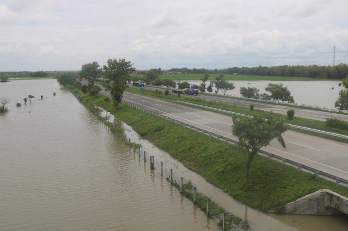 LUBER: Luapan Afvour Kedungbajol membuat hamparan sawah di antara jalan tol Jombang-Mojokerto tergenang, Jumat (19/1).