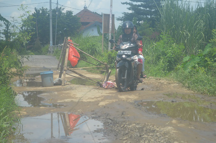 TERPERANGAH: Salah satu pengemudi roda dua meliuk-liuk menghindari jalan rusak ruas Balongbesuk-Pandanwangi, Minggu (11/2).