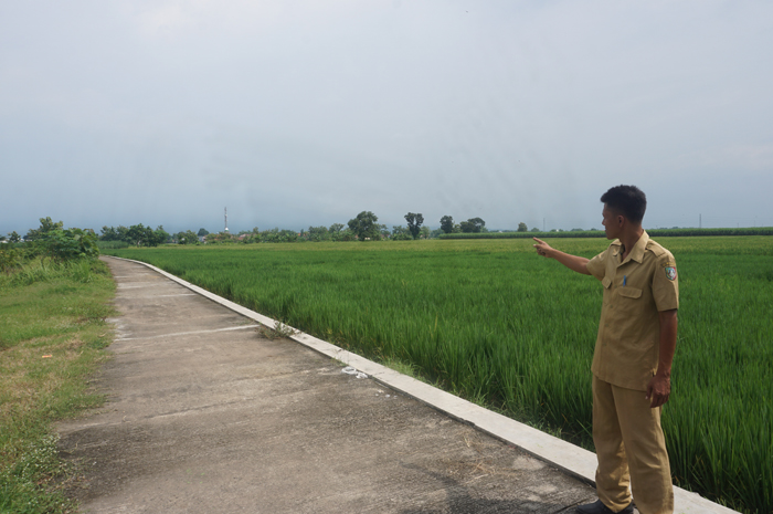 INOVATIF: Kasie Pemerintahan Desa Gambiran Jamiul Fawaid menunjukkan lokasi pembangunan JUT sejalan menuju lokasi kawasan wisata religi desa.