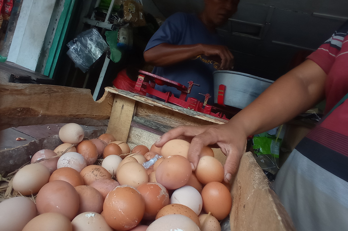DITIMBANG: Salah seorang pedagang pasar memperlihatkan telur yang dijual merangkak naik.