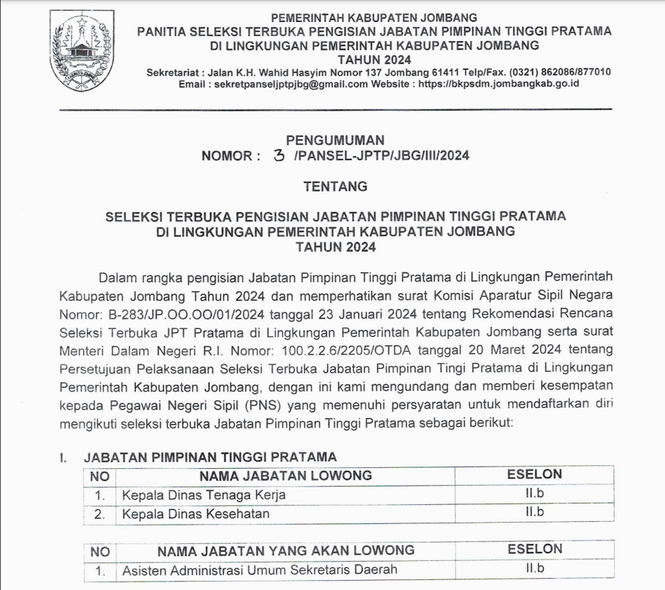 Surat pengumuman pembukaan selter JPTP di lingkup pemkab Jombang