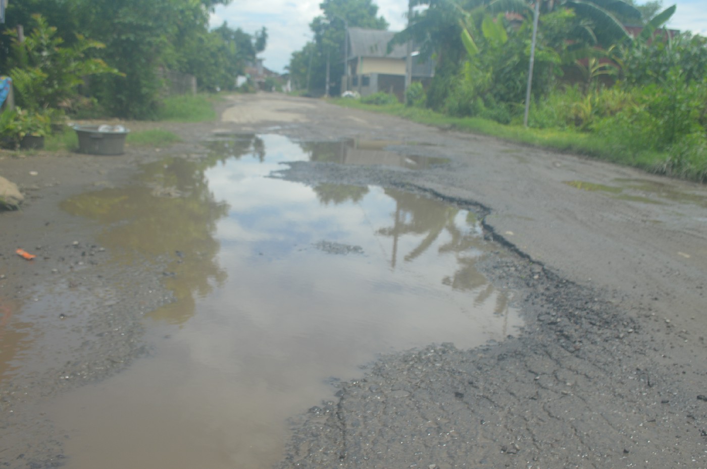 JADI KUBANGAN AIR: Pengemudi menghindari lubang menganga di jalan Desa Gedangan, Kecamatan Sumobito, Jombang.