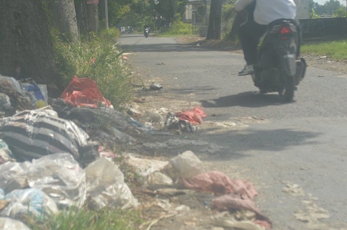 TERCECER: Sampah di pinggir jalan Desa Plosogenuk, Kecamatan Perak, Jombang, hingga tercecer ke jalan raya, Rabu (19/6).