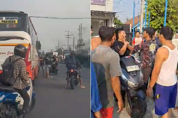 BONYOK: Dua pemuda di Jombang babak belur dihajar massa usai menghadan Bus Harapan Jaya di Desa Balongbesuk, Kecamatan Diwek, Jombang.
