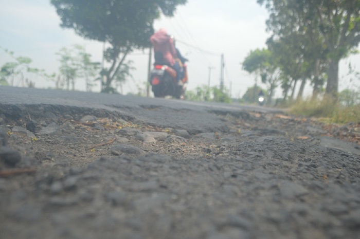 BERLUBANG: Kerusakan jalan kabupaten di Desa Pojokkulon, Kecamatan Kesamben, Jombang (10/8).