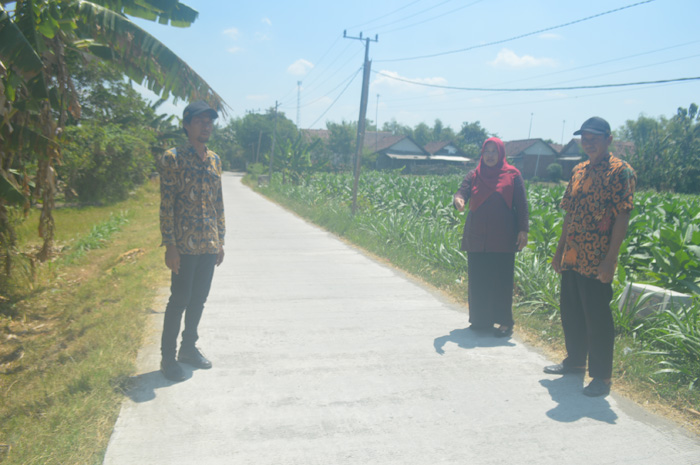 TUNTAS: Kades Klitih Siti Ro&rsquo;aini bersama perangkat desa meninjau jalan rabat beton di Dusun Jabon, Desa Klitih, Kecamatan Plandaan, Jombang.