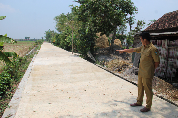 MAJU: Sekdes Sumberagung Kecamatan Peterongan, Jombang, Haris Andi Lesmono saat menunjukkan hasil pembangunan rabat beton jalan usaha tani (JUT).