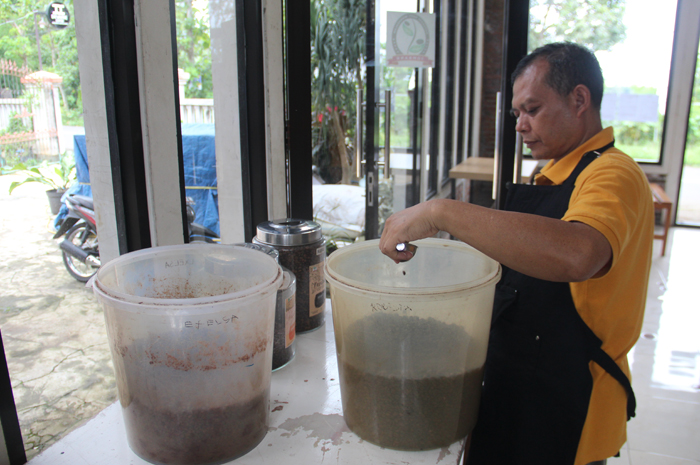 DIPROSES: Endrias Bambang Sugeng Purnomo Ketua Asosiasi Kopi Wonosalam, Jombang saat memproses kopi ekselsa, (1/1).