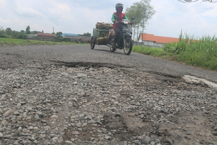 BERLUBANG: Jalan di Desa Dapurkejambon, Kecamatan Jombang yang rusak menyisakan batu kerikil (8/2).