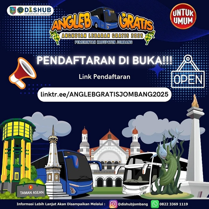 DIBUKA: Dinas Perhubungan (Dishub) Jombang membuka pendaftaran angkutan Lebaran gratis untuk mudik dan balik 2025.