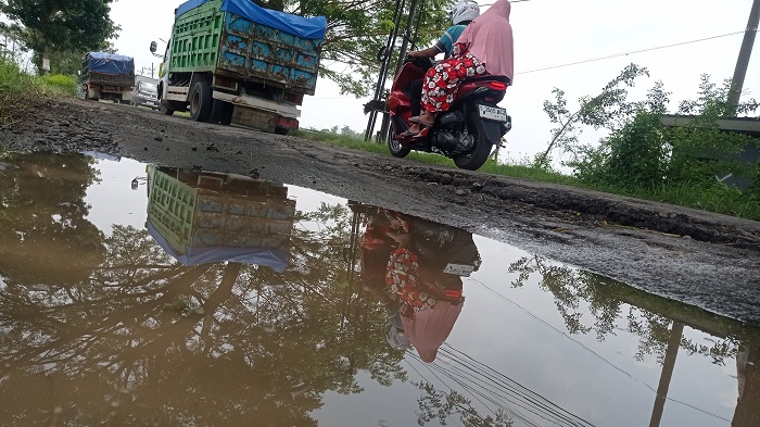 BERLUBANG: Jalan kabupaten di Desa Watudakon, Kecamatan Kesamben, Jombang yang rusak digenangi air.
