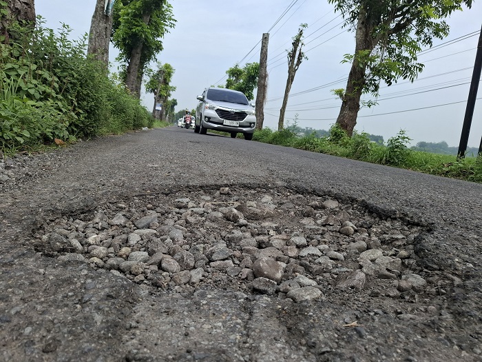 BUTUH PERBAIKAN: Jalan Kabupaten di Dusun Ngrawan, Desa Pesantren, Kecamatan Tembelang, Jombang, (27/3).