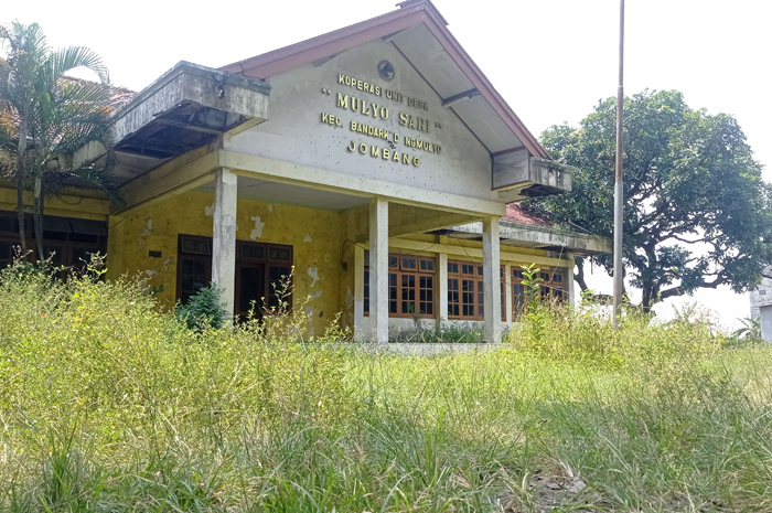 MANGKRAK: Bangunan KUD di Desa Kayen, Kecamatan Bandarkedungmulyo, Jombang ditumbuhi semak belukar.