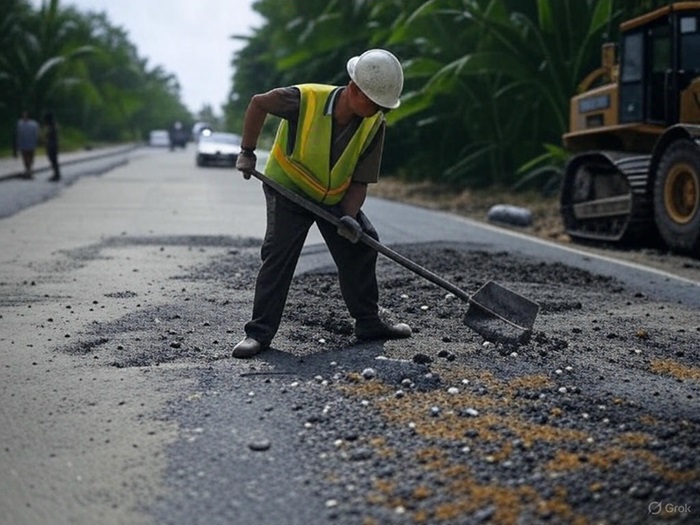 Ilustrasi tim Mandor Jalan bertugas sisir jalan kabupaten yang rusak.