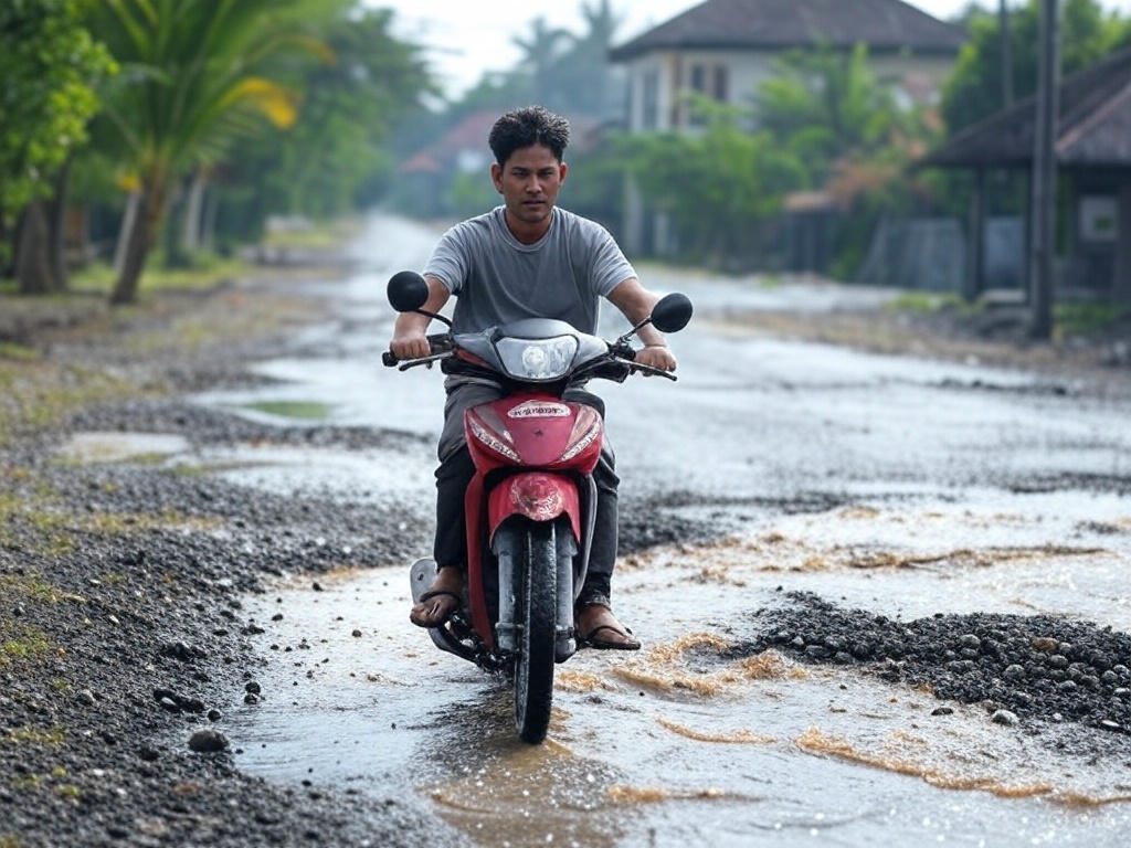 Ilustrasi warga berkendara di jalan yang rusak parah