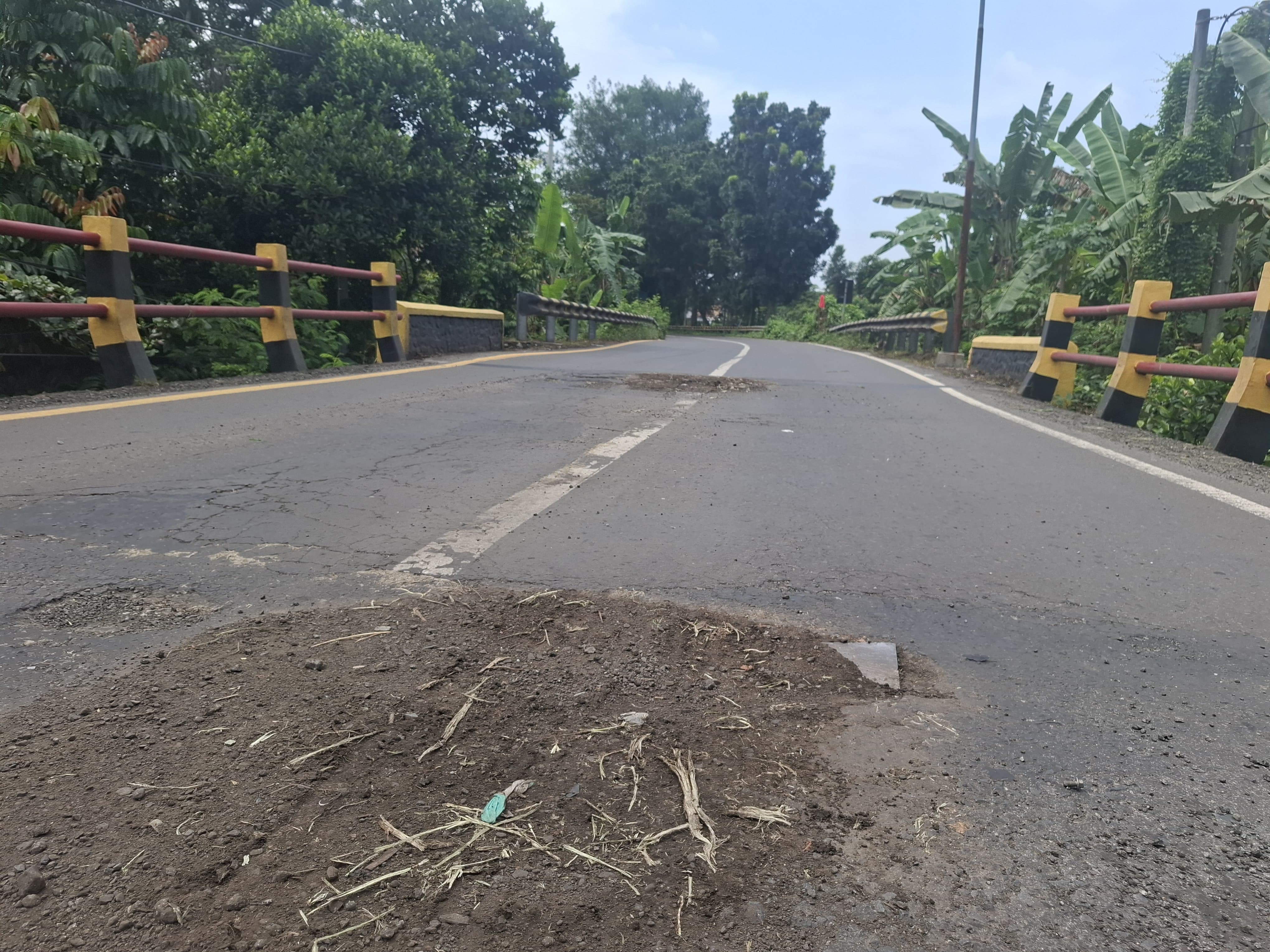 RUSAK: Lubang di jalan nasional Jembatan Jabon di Jl Basuki Rahmad, Desa Jabon, Kecamatan Jombang diuruk tanah.