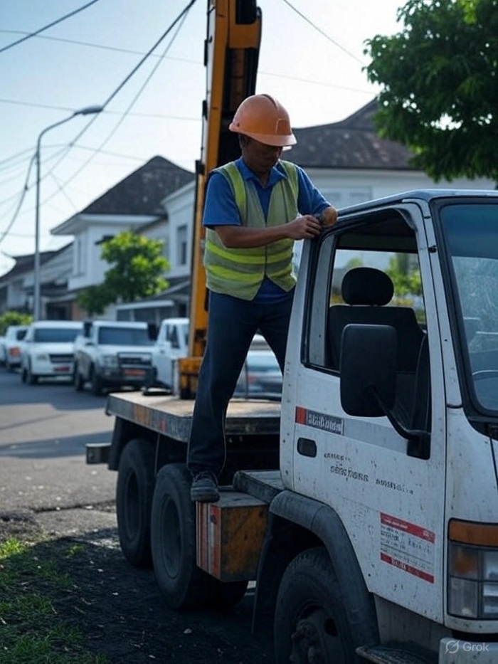 Ilustrasi petugas memperbaiki PJU menggunakan mobil crane.