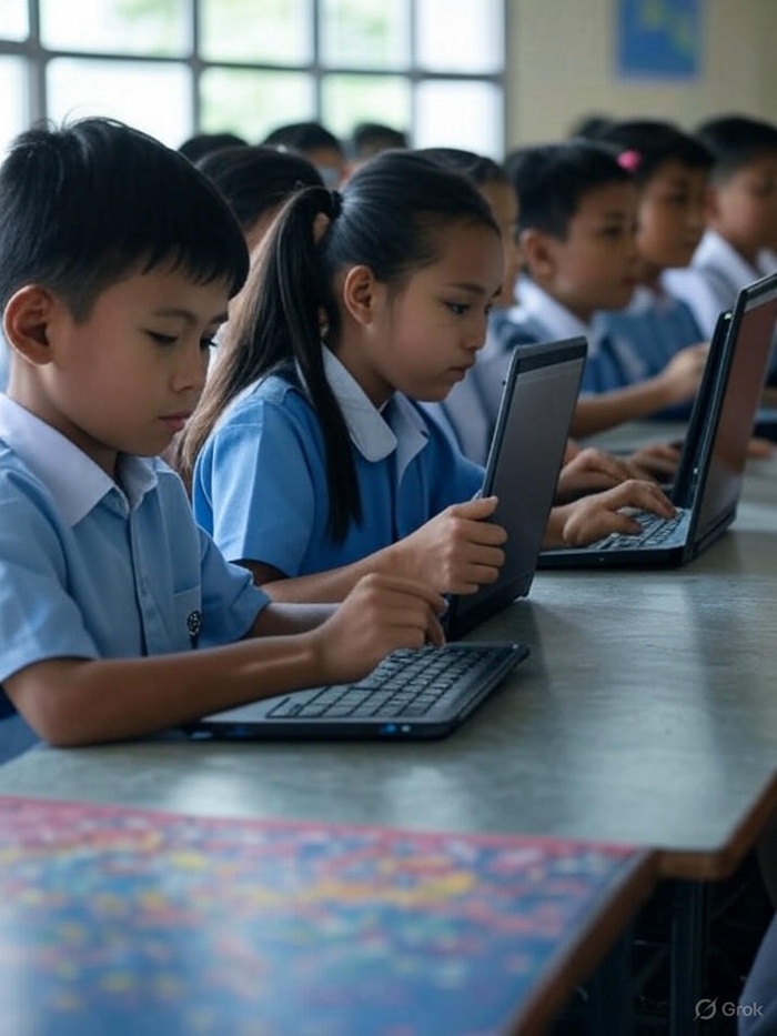 Ilustrasi siswa belajar menggunakan chromebook.