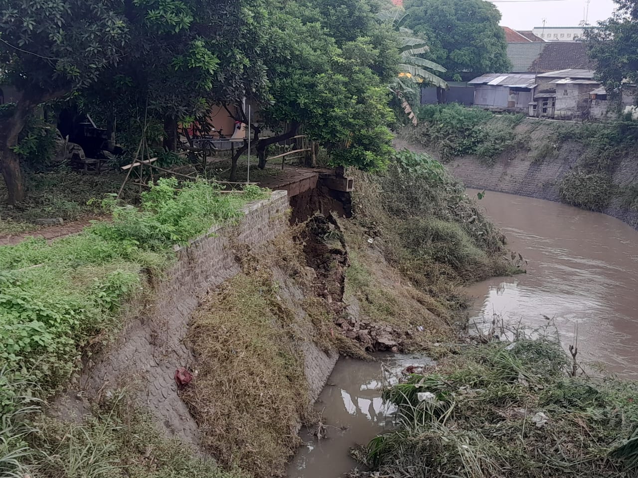 LONGSOR: Pasangan batu kali tanggul Kali Gunting di Desa Mojotrisno, Kecamatan Mojoagung, Jombang yang longsor, Senin (9/6) malam.
